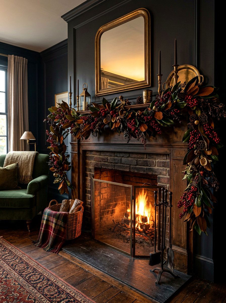 Moody fall garland - 30 moody mantel fall ideas
