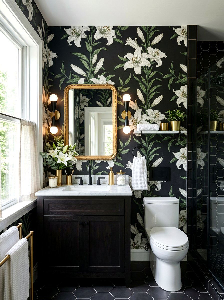 Moody floral bathroom walls - 30 dark floral fall decor ideas