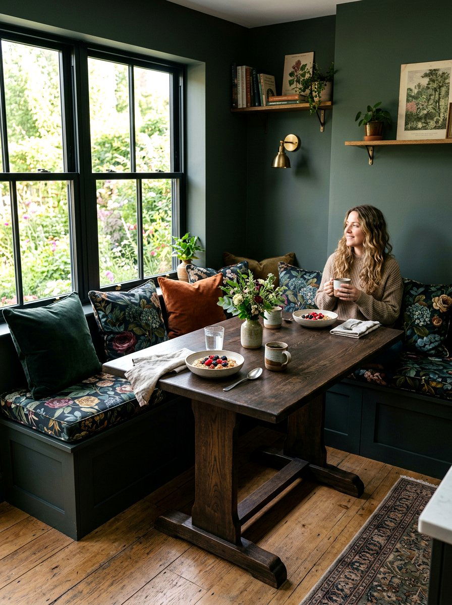 Moody floral breakfast nook - 30 dark floral fall decor ideas