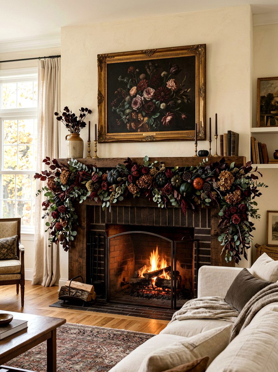Moody floral mantle styling - 30 dark floral fall decor ideas