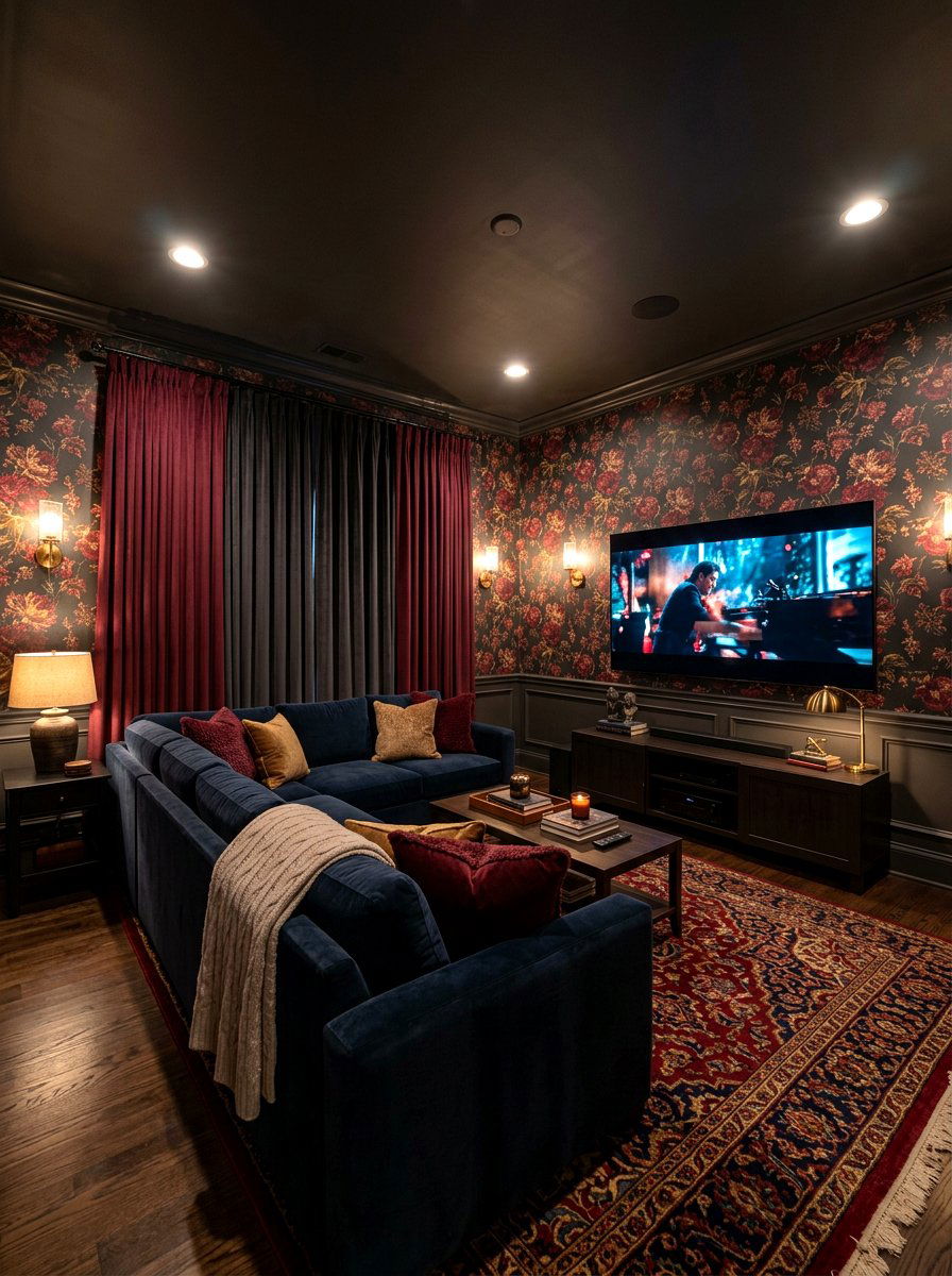 Moody floral media room - 30 garden print wallpaper ideas