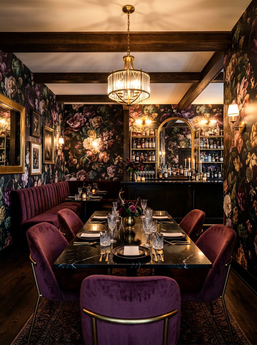 Moody floral speakeasy dining room - 30 speakeasy dining room ideas