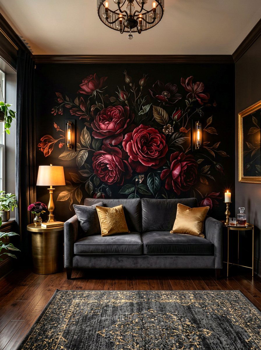 Moody floral wall mural - 30 mural wall ideas