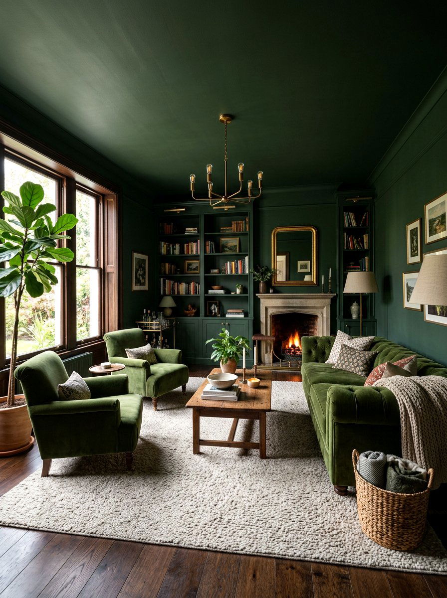 Moody green living room - 30 green living room ideas
