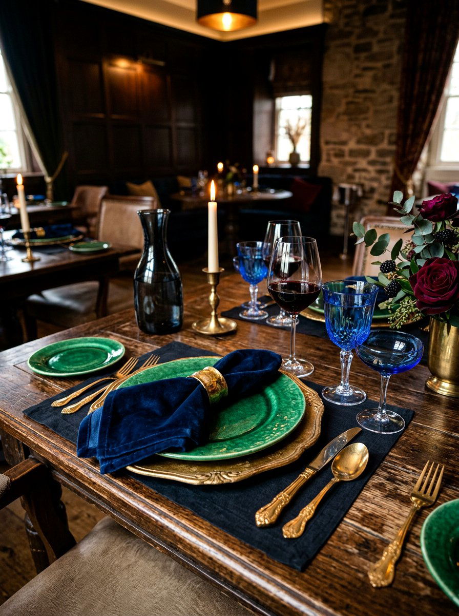 Moody jewel tone table setting - 30 place setting ideas