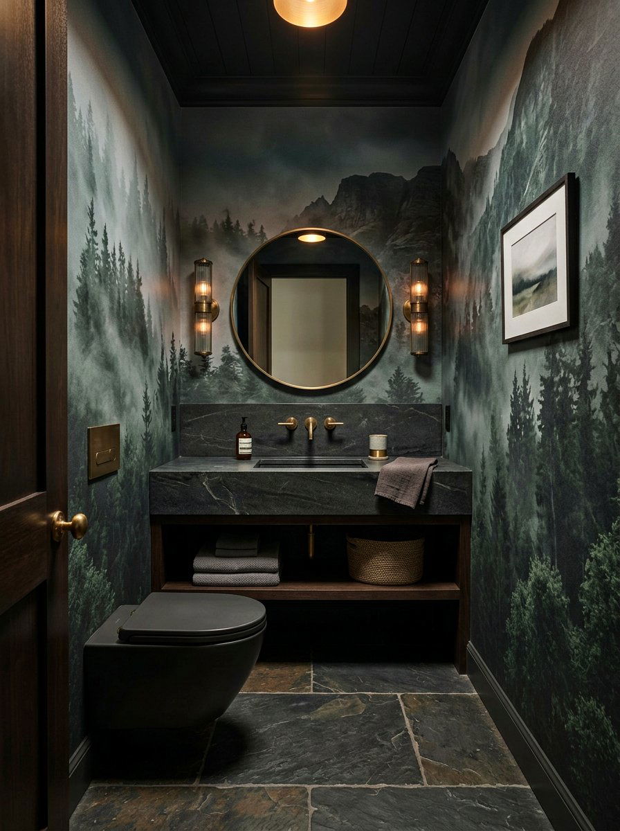 Moody landscape wallpaper - 30 jewel box powder room wallpaper ideas