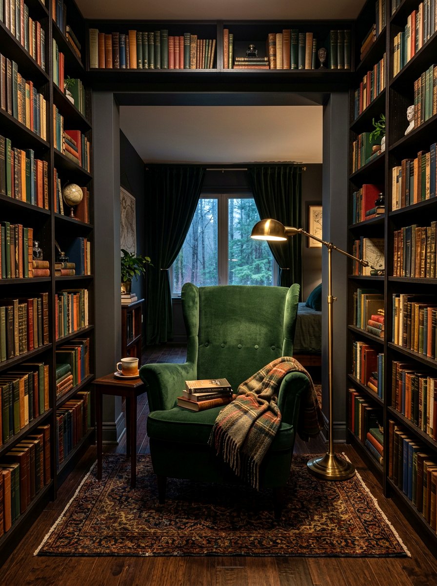 Moody library chair - 30 bedroom alcove seating ideas