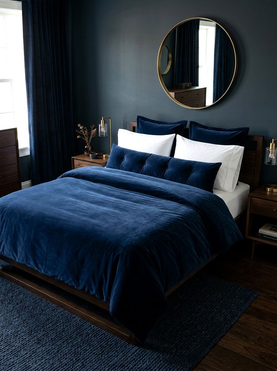 Moody navy velvet bedding - 30 tailored bedding ideas