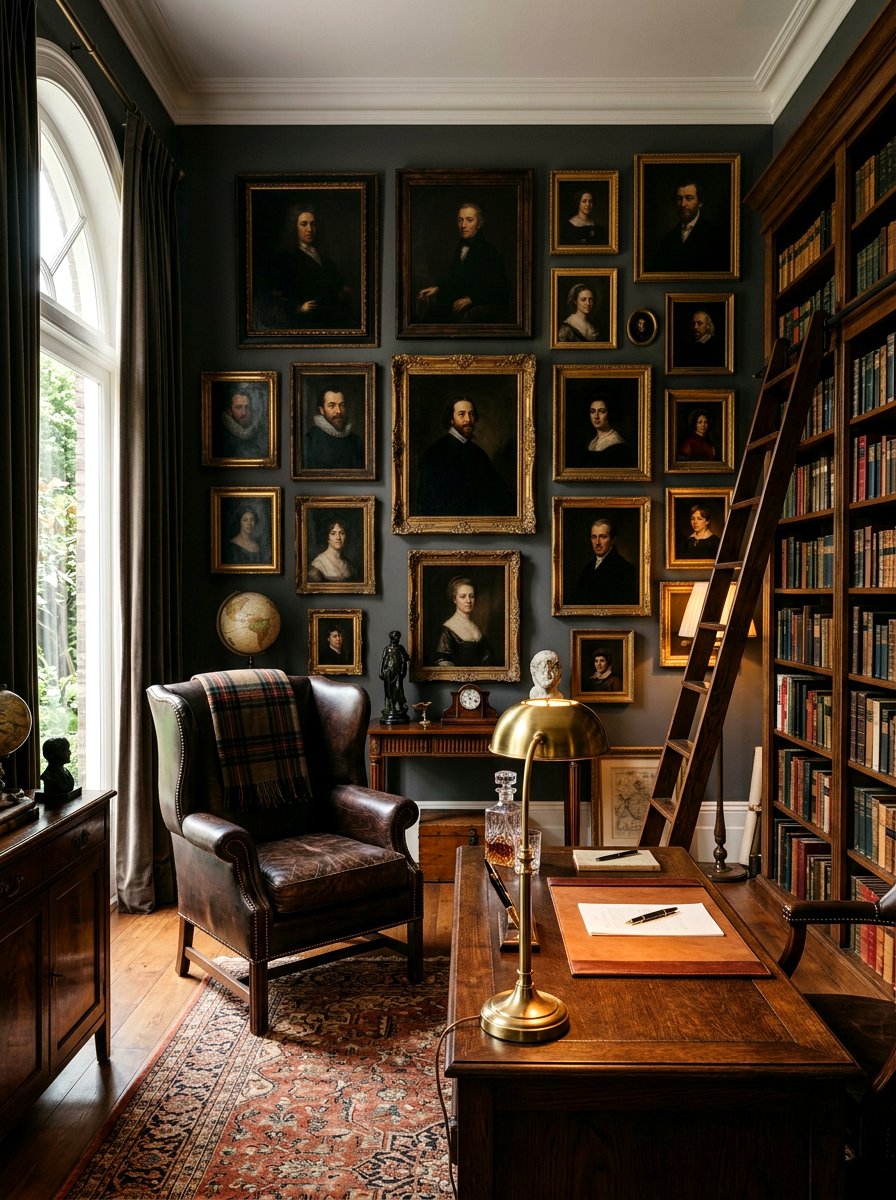 Moody office portrait wall - 30 vintage portrait wall ideas