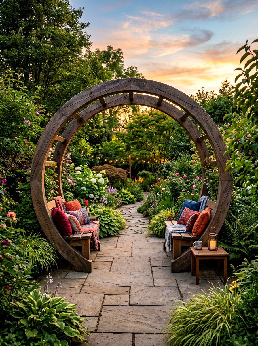Moon Gate Bench Seating - 30 moon gate garden ideas