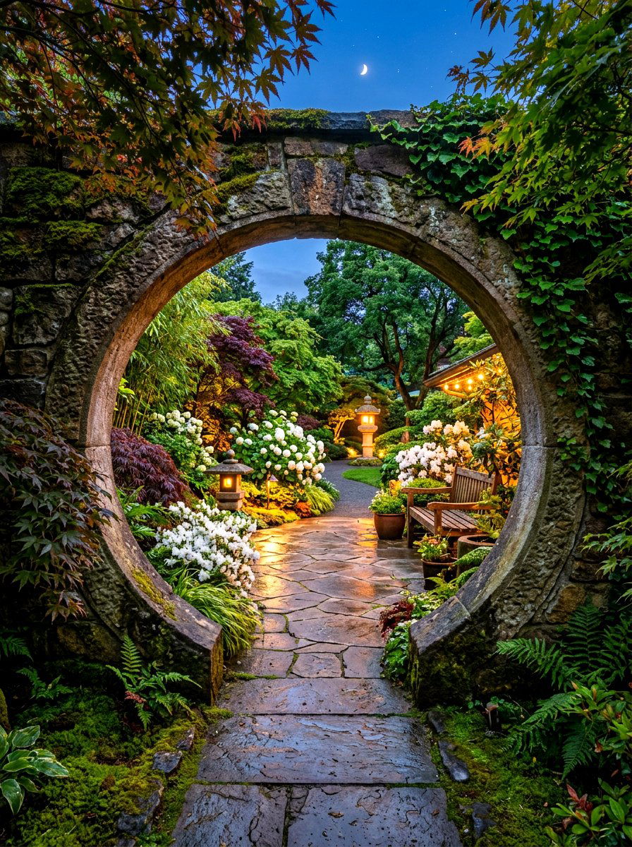 Moon Gate Entrance - 30 moonlight patio garden ideas