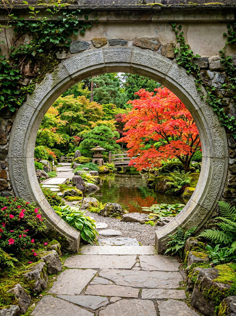 Moon Gate Garden Feature - 30 arbor entrance ideas