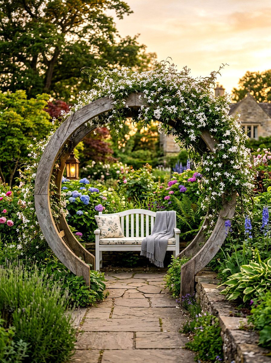 Moon Gate Over Garden Bench - 30 moon gate backyard ideas