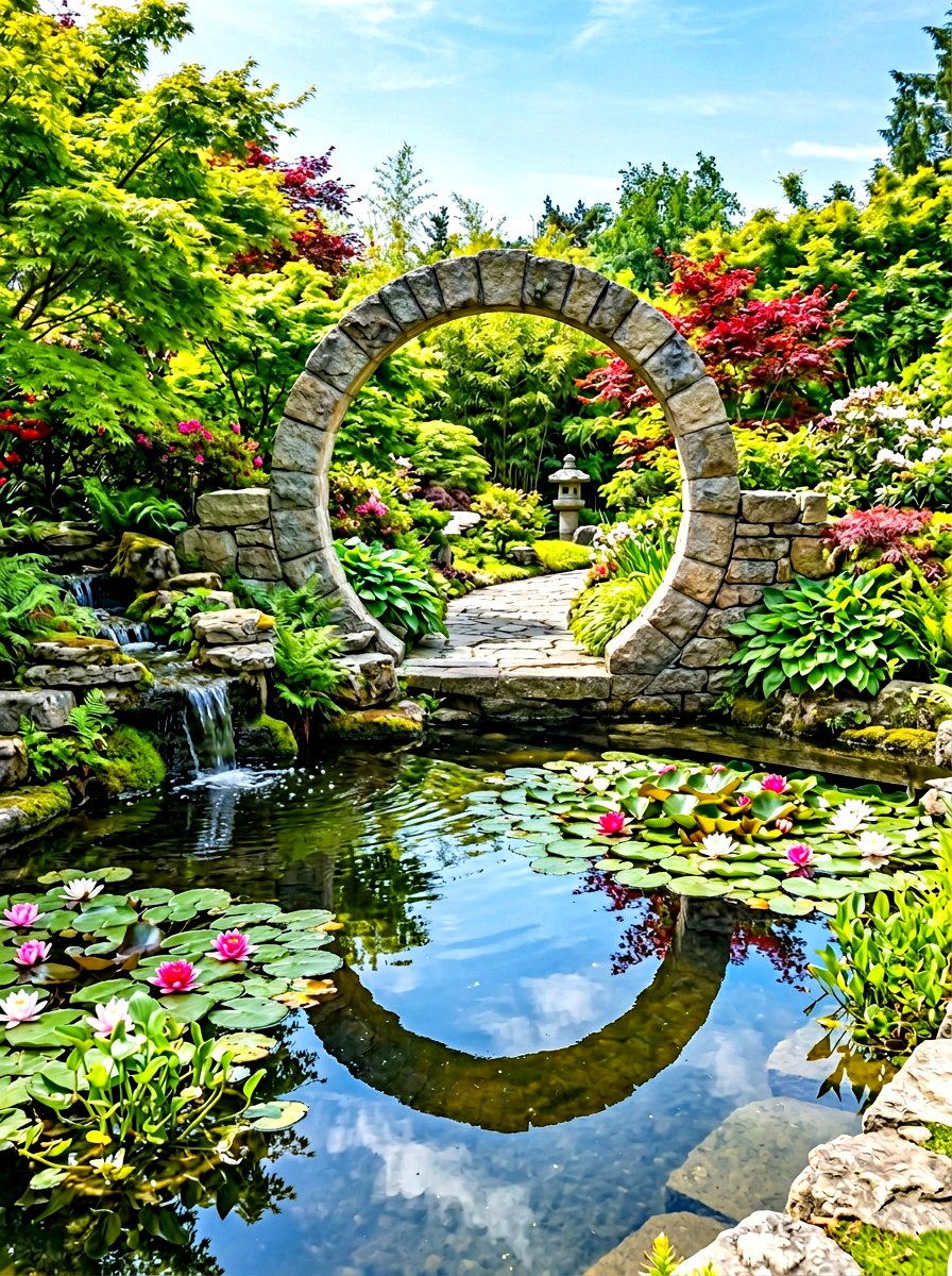 Moon Gate Over Garden Pond - 30 moon gate garden ideas