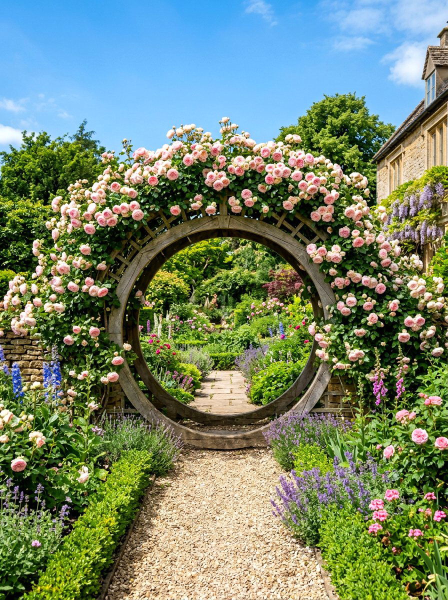 Moon Gate With Climbing Roses - 30 moon gate backyard ideas