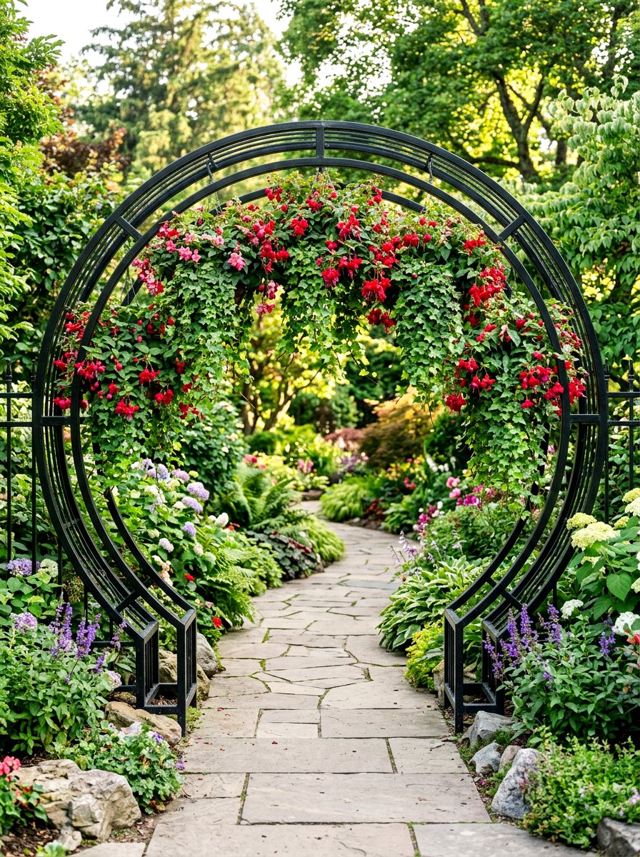Moon Gate With Hanging Plants - 30 moon gate backyard ideas