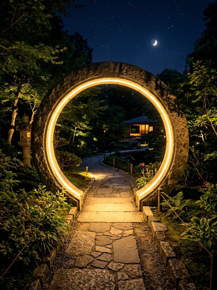 Moon Gate With Night Lighting - 30 moon gate backyard ideas