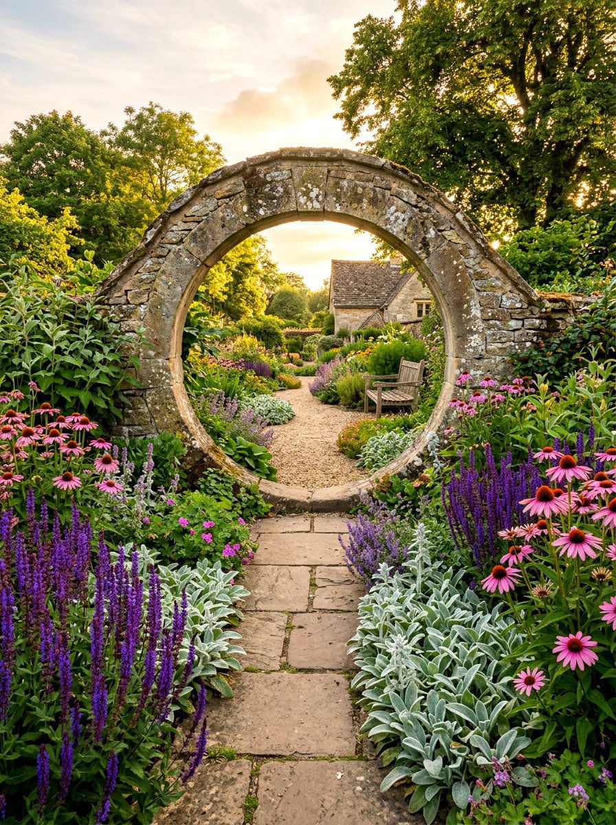 Moon Gate With Perennial Border - 30 moon gate backyard ideas