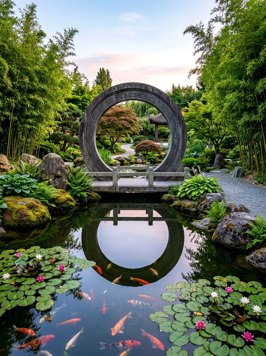Moon Gate With Water Feature - 30 moon gate backyard ideas
