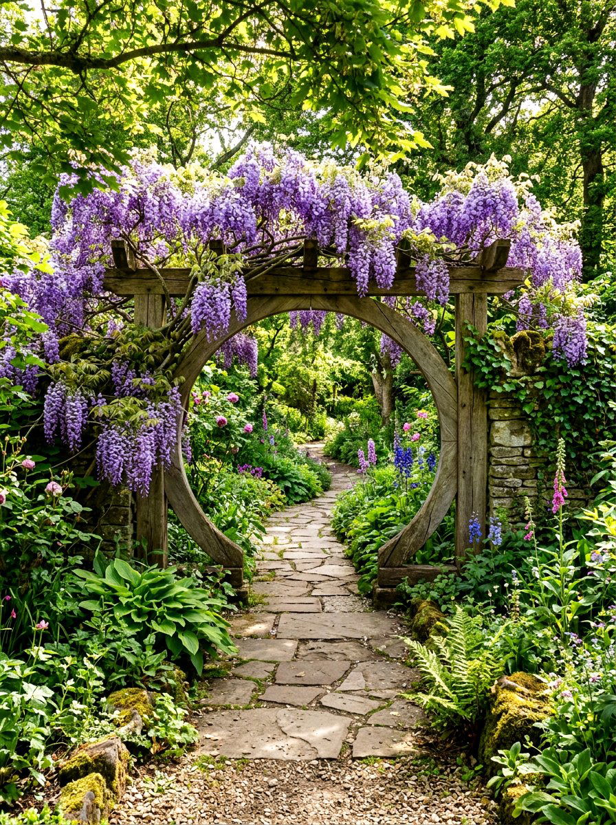 Moon Gate With Wisteria - 30 moon gate garden ideas