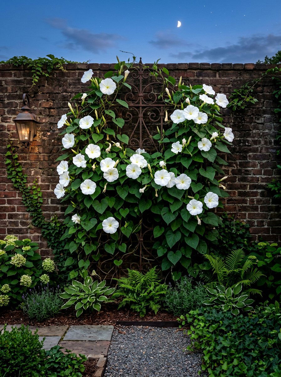 Moonflower Vine Trellis - 30 moonlight white flower border ideas