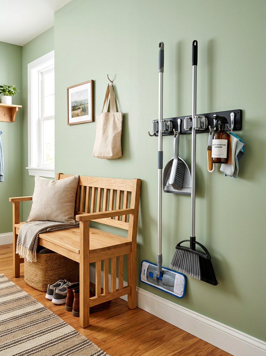 Mop and broom wall mount - 30 cleaning supply storage ideas
