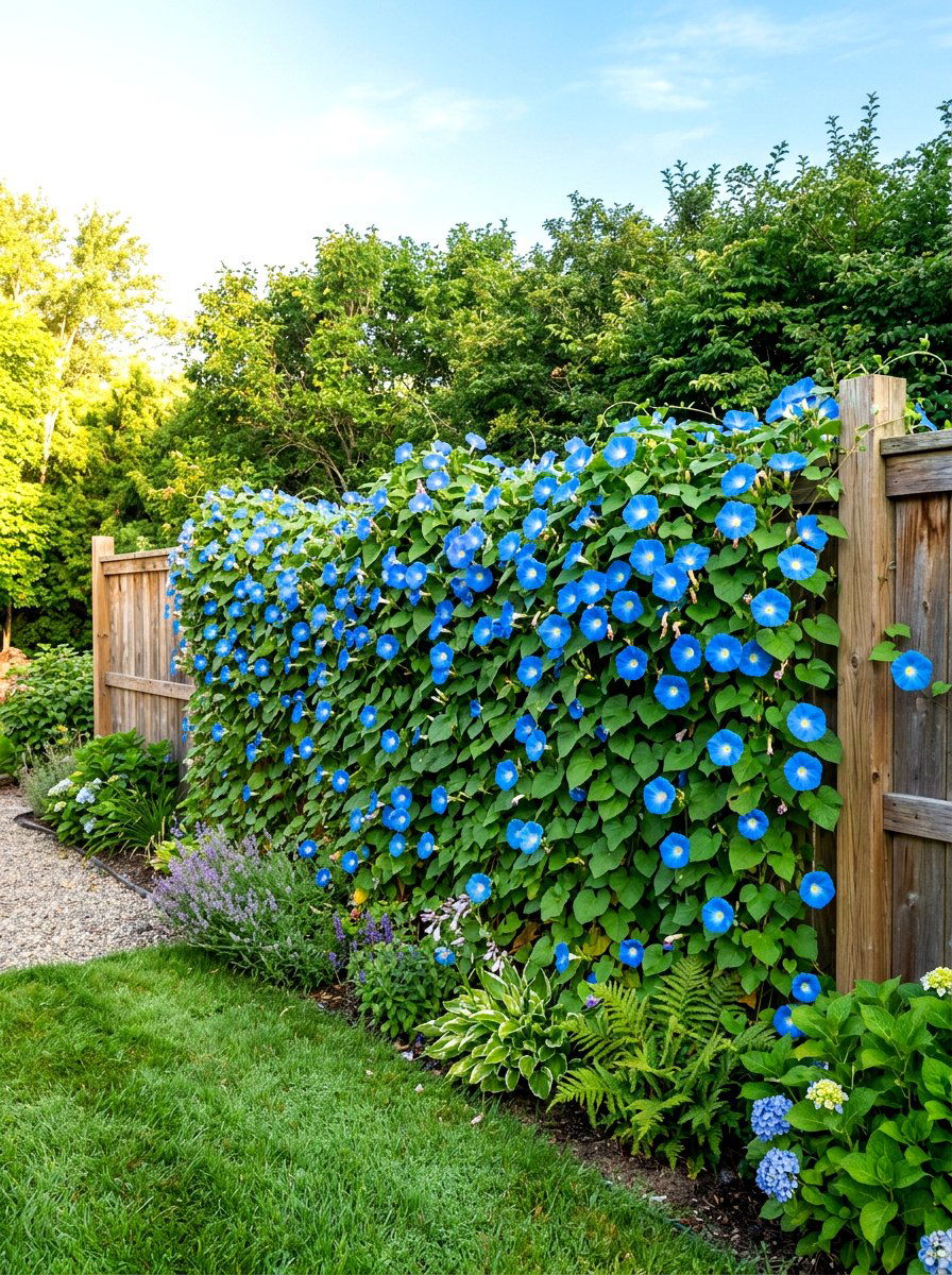 Morning Glory Privacy Fence - 30 blue flower garden ideas