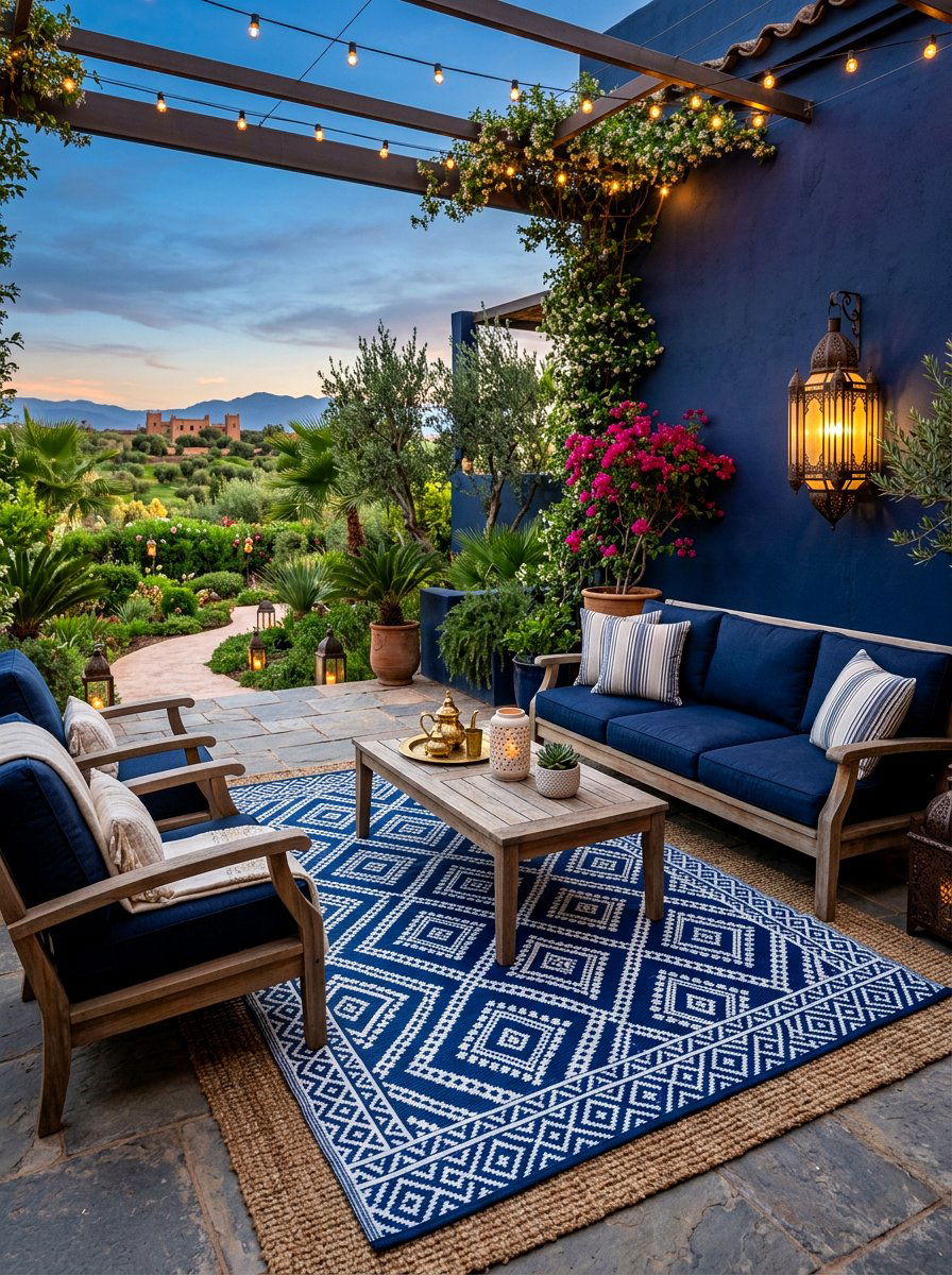 Moroccan Diamond Over Dark Blue Base - 30 layered outdoor rug ideas
