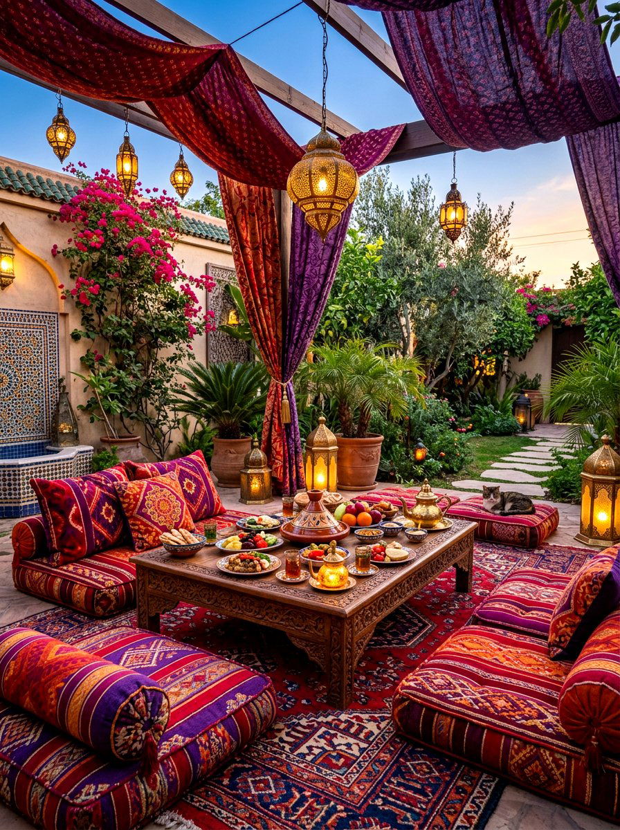 Moroccan Floor Picnic Table - 30 outdoor picnic table decor ideas