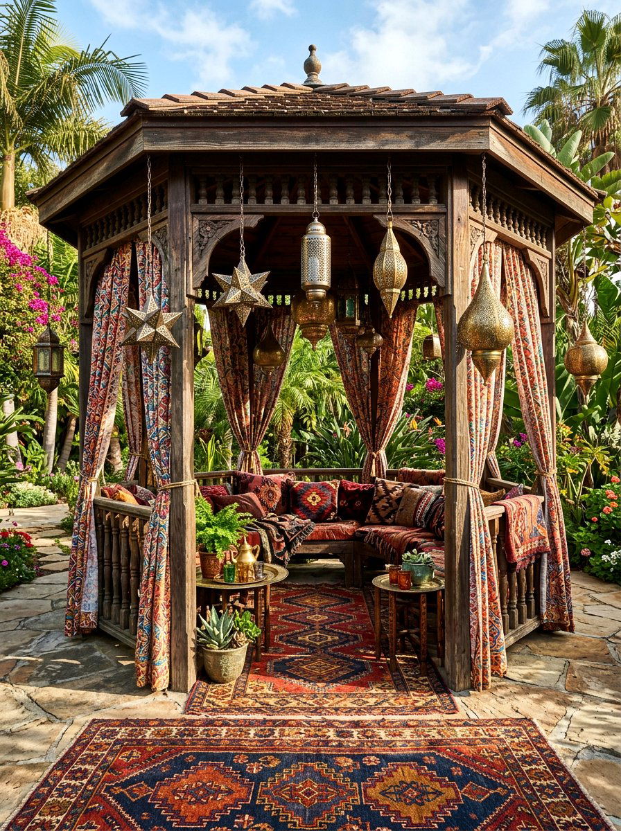 Moroccan Lanterns Near Patterned Curtains - 30 gazebo curtain lighting ideas