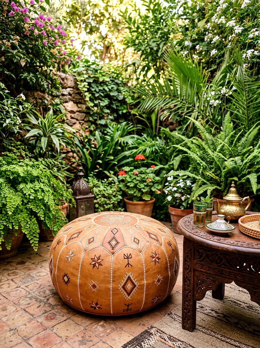 Moroccan Leather Pouf For Garden - 30 outdoor floor cushion ideas