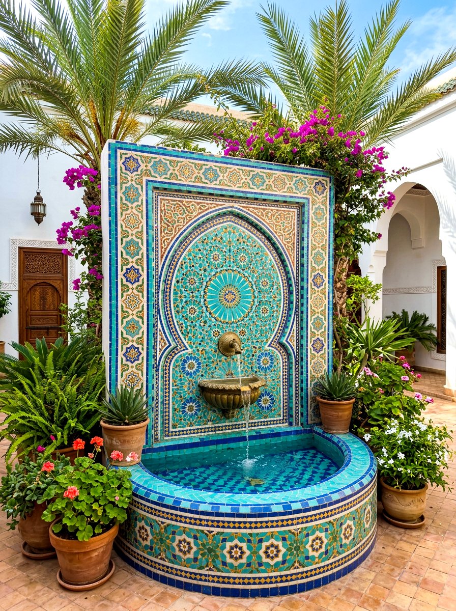 Moroccan Mosaic Wall - 30 outdoor courtyard fountain ideas