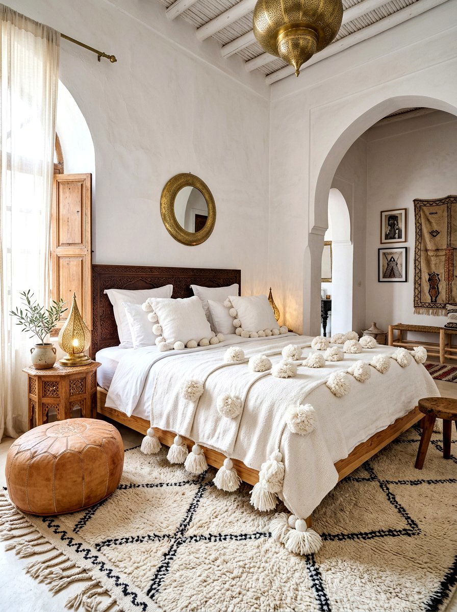 Moroccan Pom Pom Bedding - 30 cozy bedscape ideas
