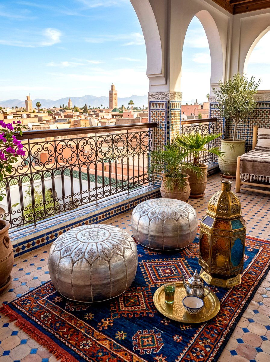Moroccan Pouf Seating - 30 tiny balcony seating ideas