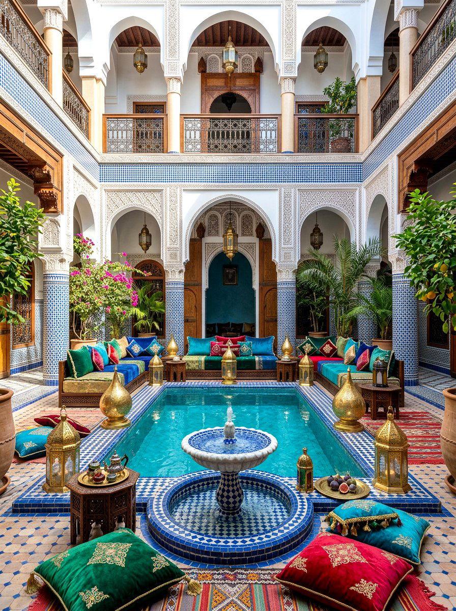 Moroccan Riad Pool Courtyard - 30 pool house lounge backyard ideas