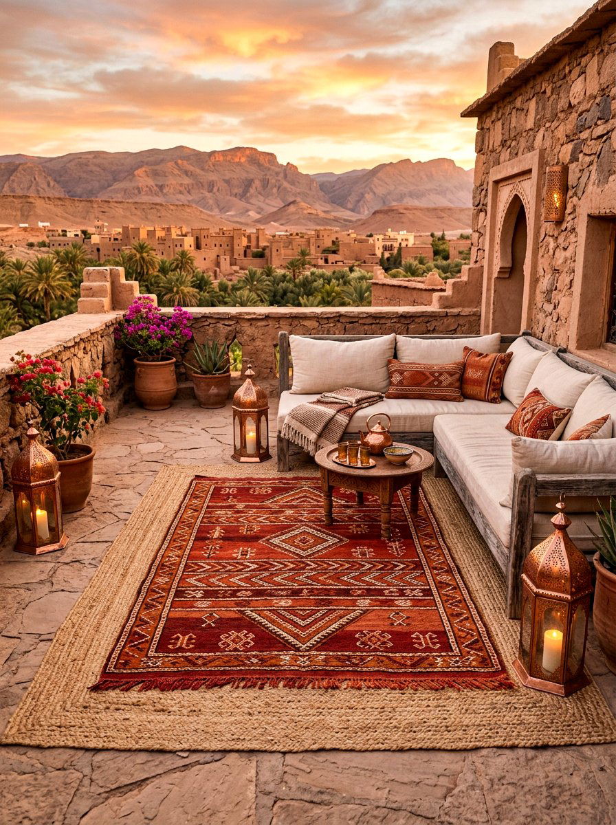 Moroccan Rug Layered Over Jute - 30 outdoor rug layering ideas