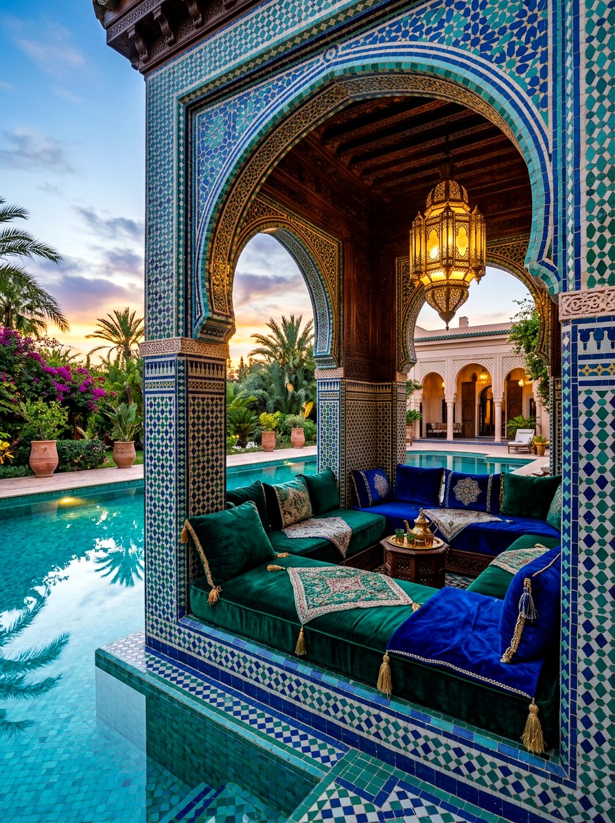 Moroccan Tiled Poolside Cabana - 30 poolside daybed cabana ideas