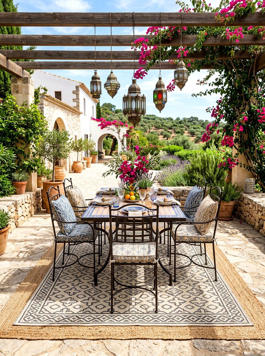 Moroccan Trellis Over Flatweave Base - 30 layered outdoor rug ideas