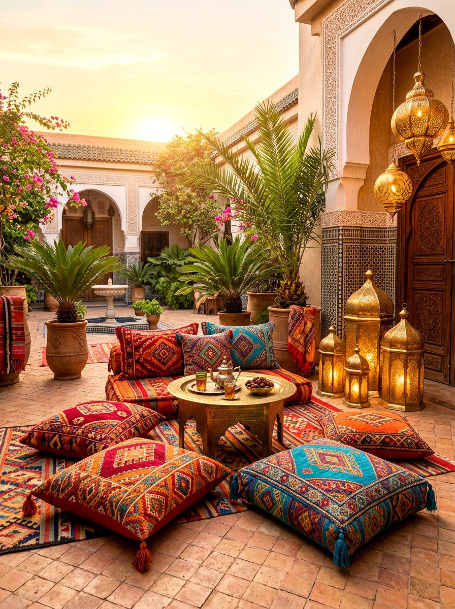 Moroccan brass lanterns outdoor seating - 30 candle lantern patio styling ideas
