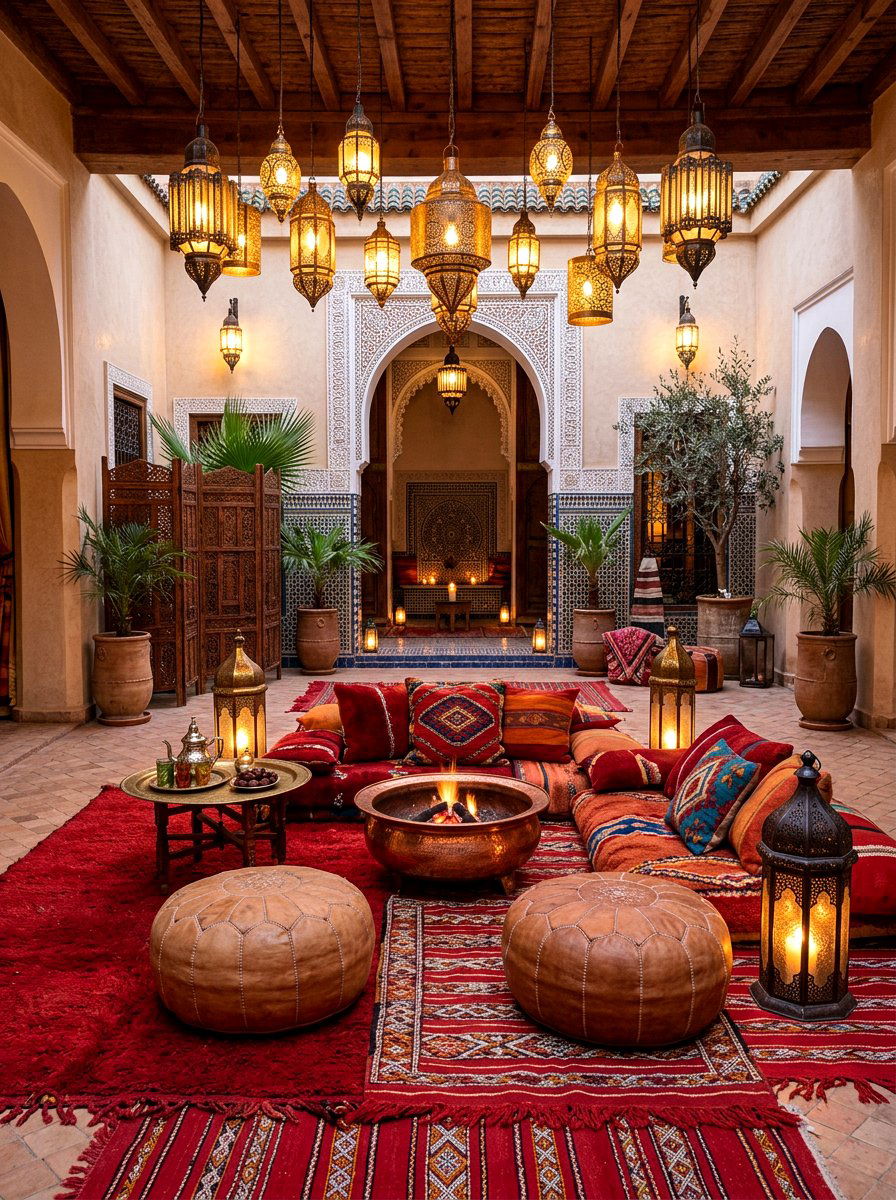 Moroccan floor cushion lounge - 30 backyard fireplace seating ideas