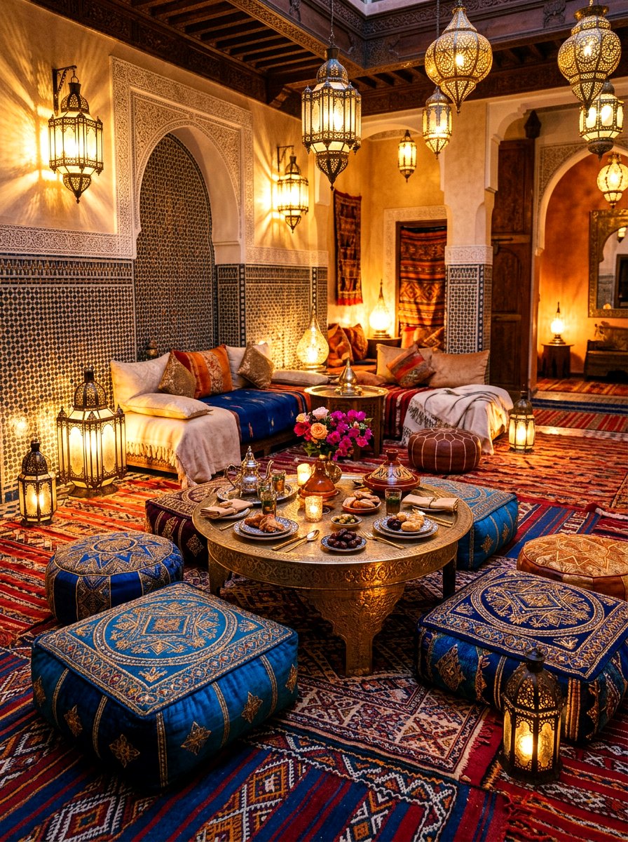 Moroccan lounge floor seating - 30 anniversary dinner at home ideas