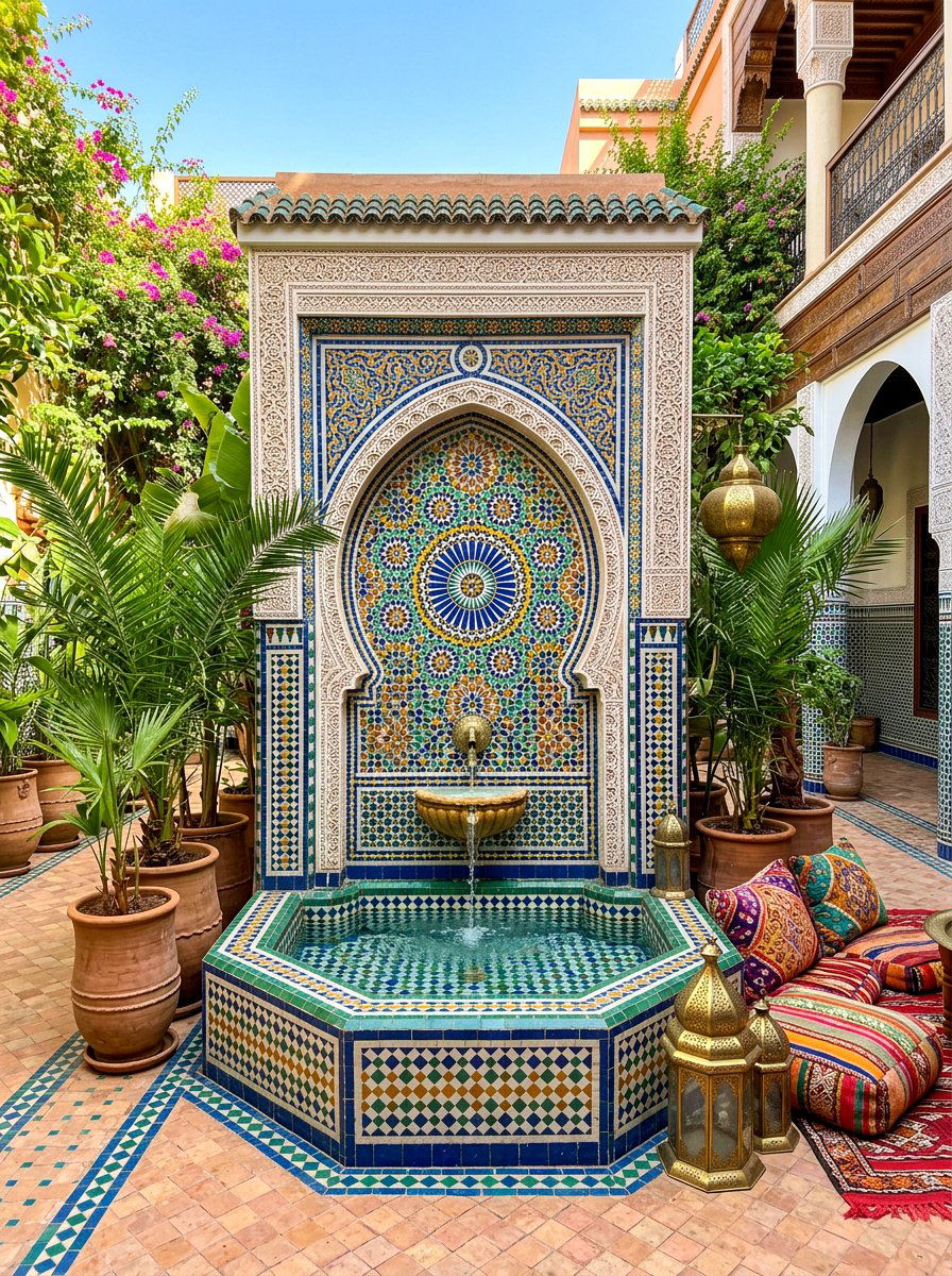 Moroccan mosaic fountain - 30 courtyard fountain ideas