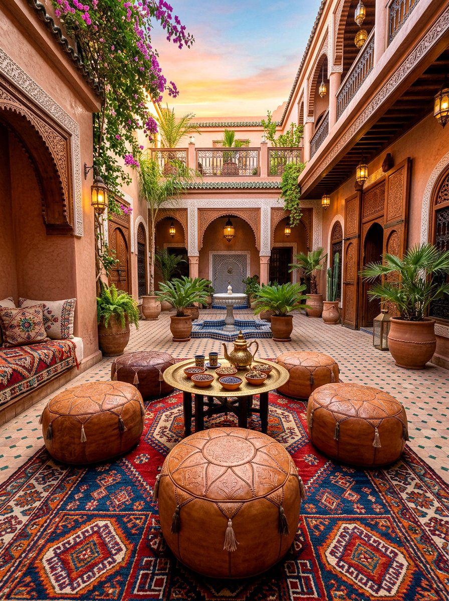Moroccan pouf seating - 30 boho patio cushion ideas