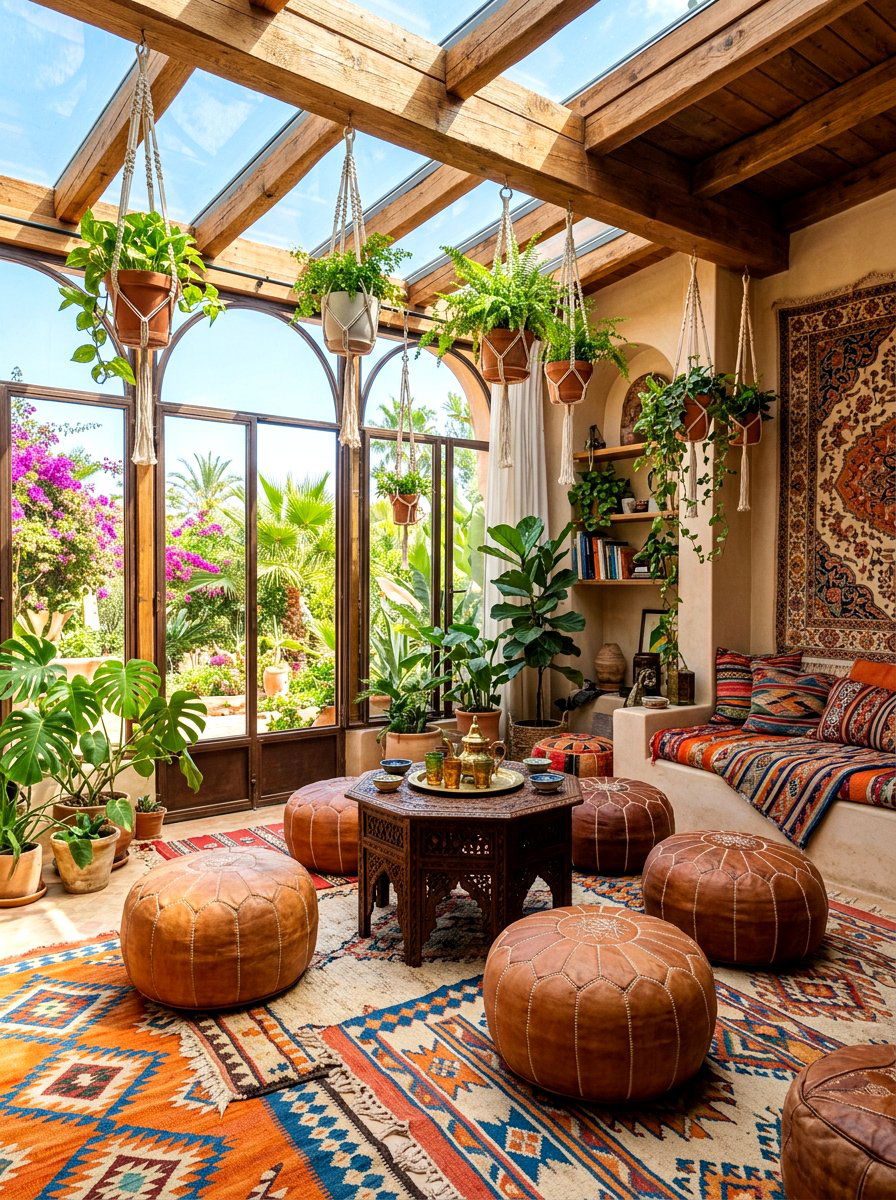Moroccan pouf sunroom - 30 boho sunroom ideas