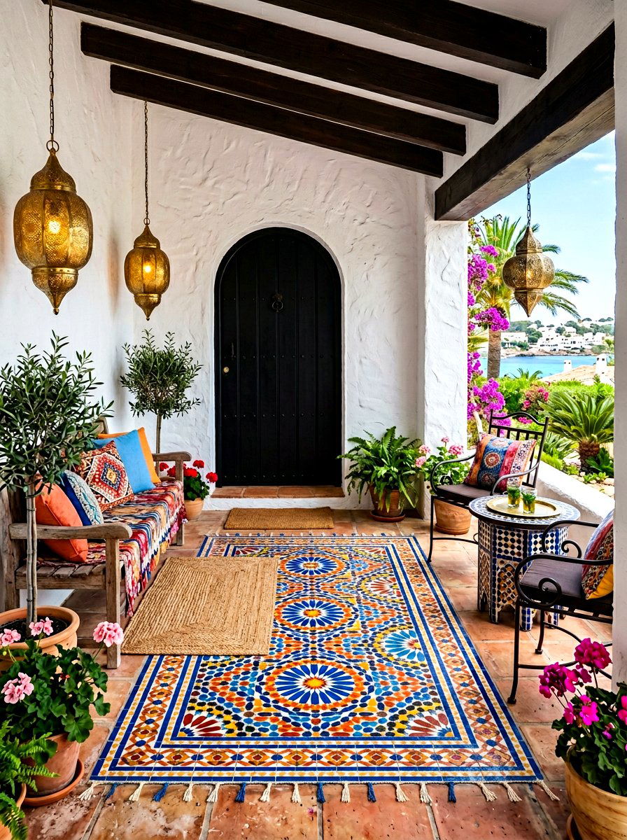 Moroccan tile pattern rug - 30 porch doormat layering ideas