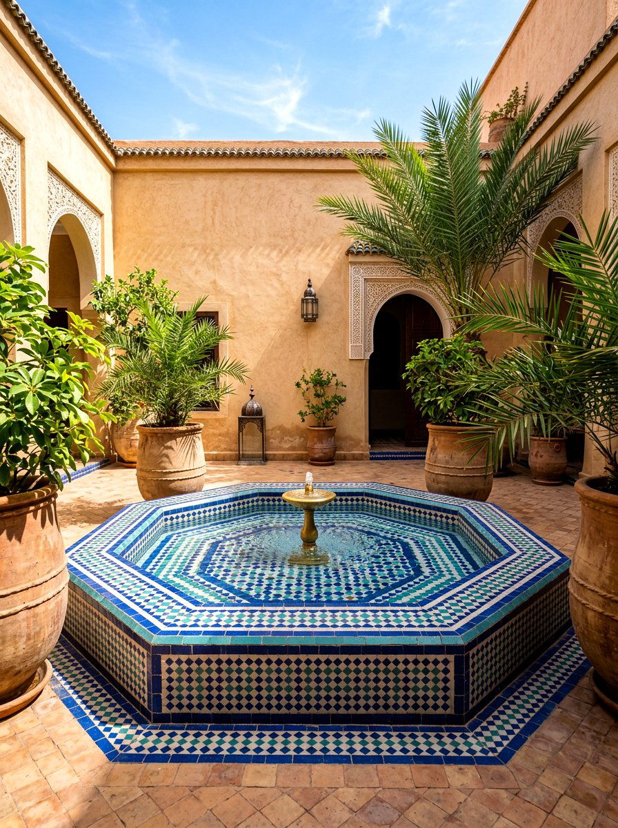 Moroccan tiled courtyard basin - 30 courtyard fountain garden ideas