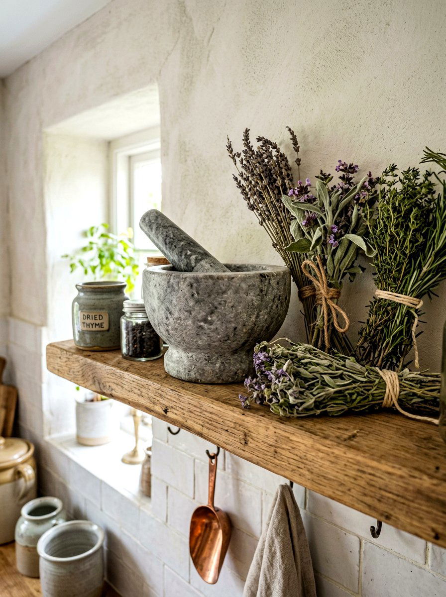Mortar and pestle shelf - 30 wellness shelf styling ideas