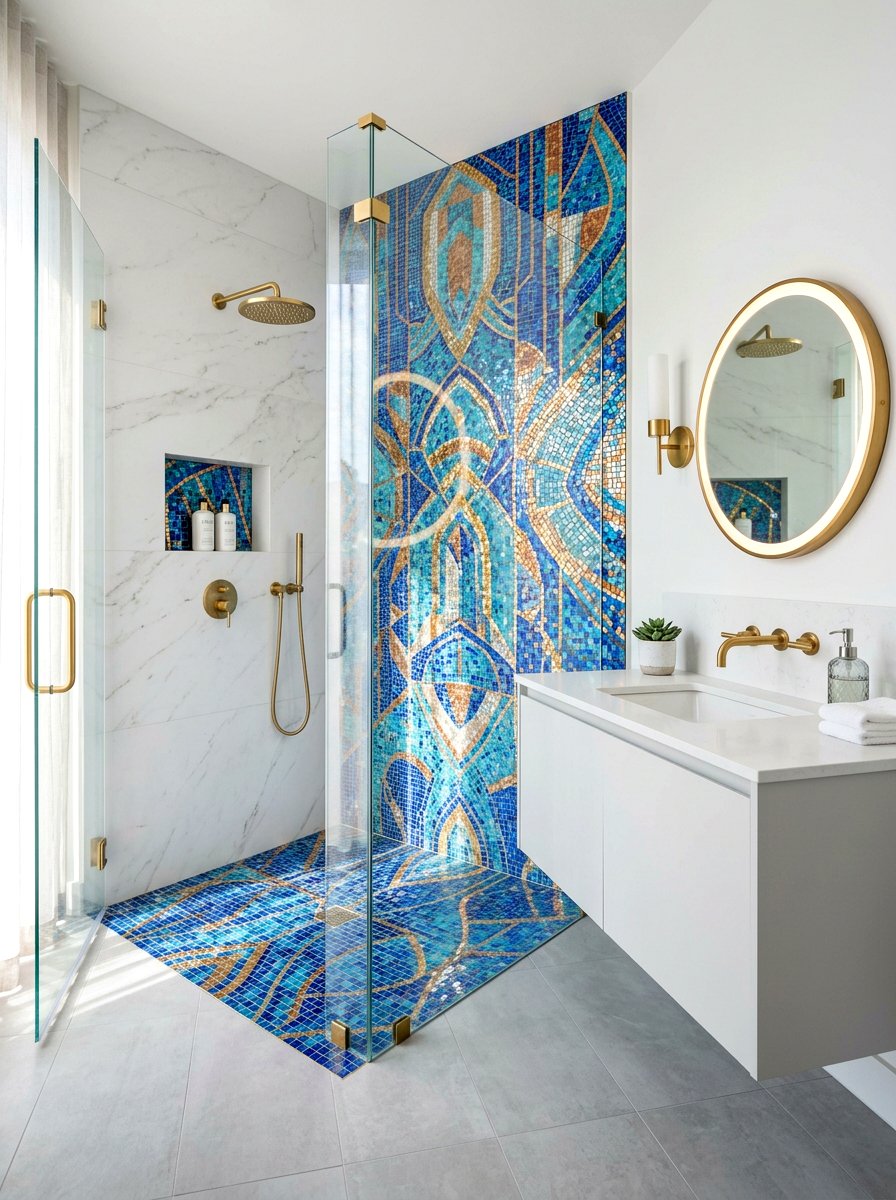 Mosaic Accent Wall - 30 curbless shower ideas