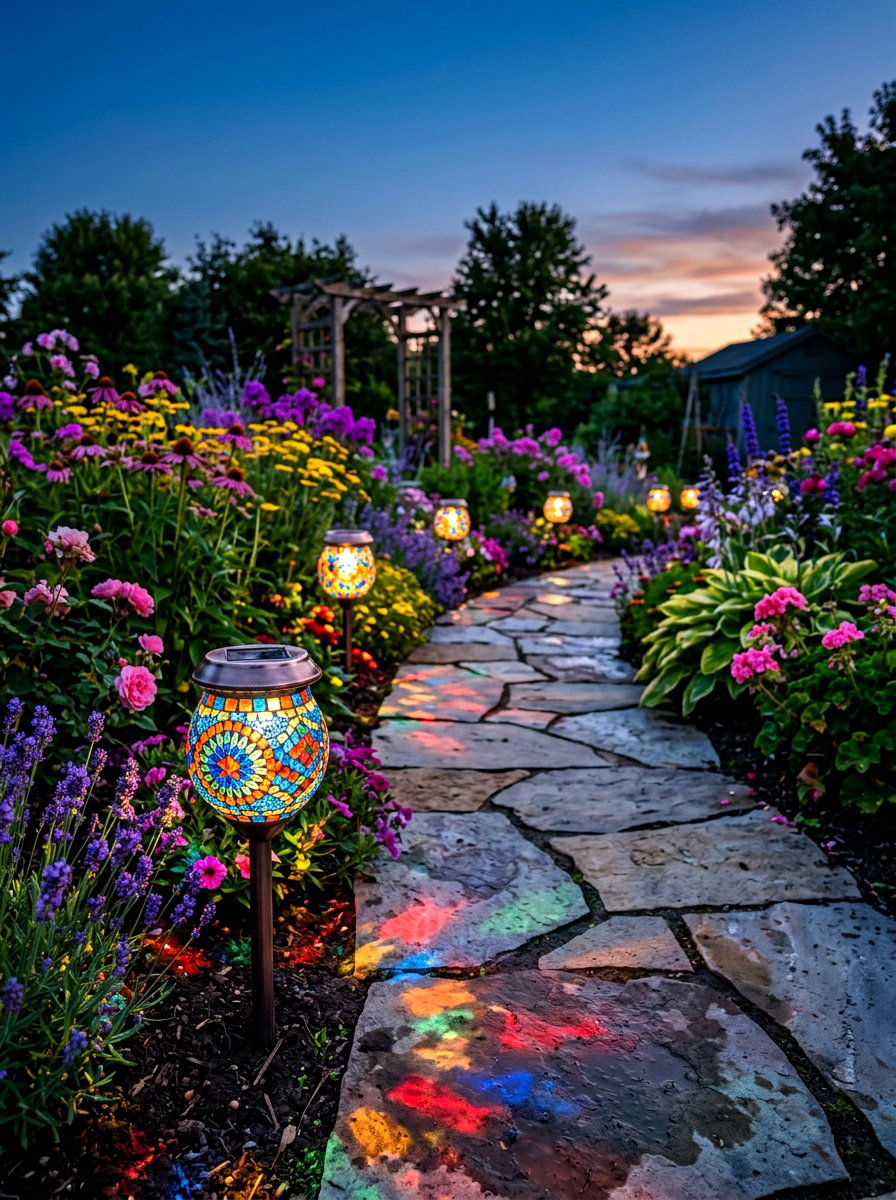 Mosaic Glass Solar Garden Lights - 30 solar path lantern ideas