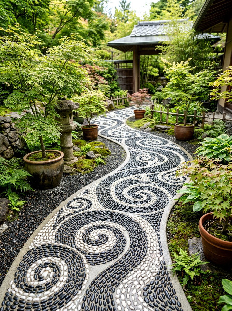 Mosaic Pebble Art Path - 30 curved walkway ideas